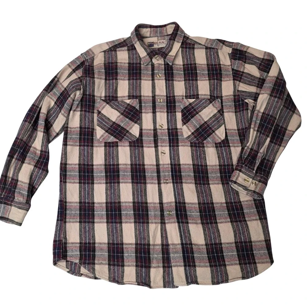 Big Mac Heavy‎ Flannel Shirt Mens Large Cream Burgundy Plaid Cotton Workwear GUC